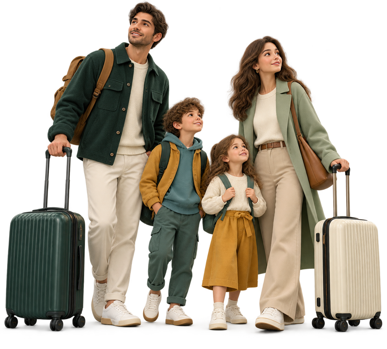 Illustration of a family with children and rolling suitcases looking towards an airport departure board