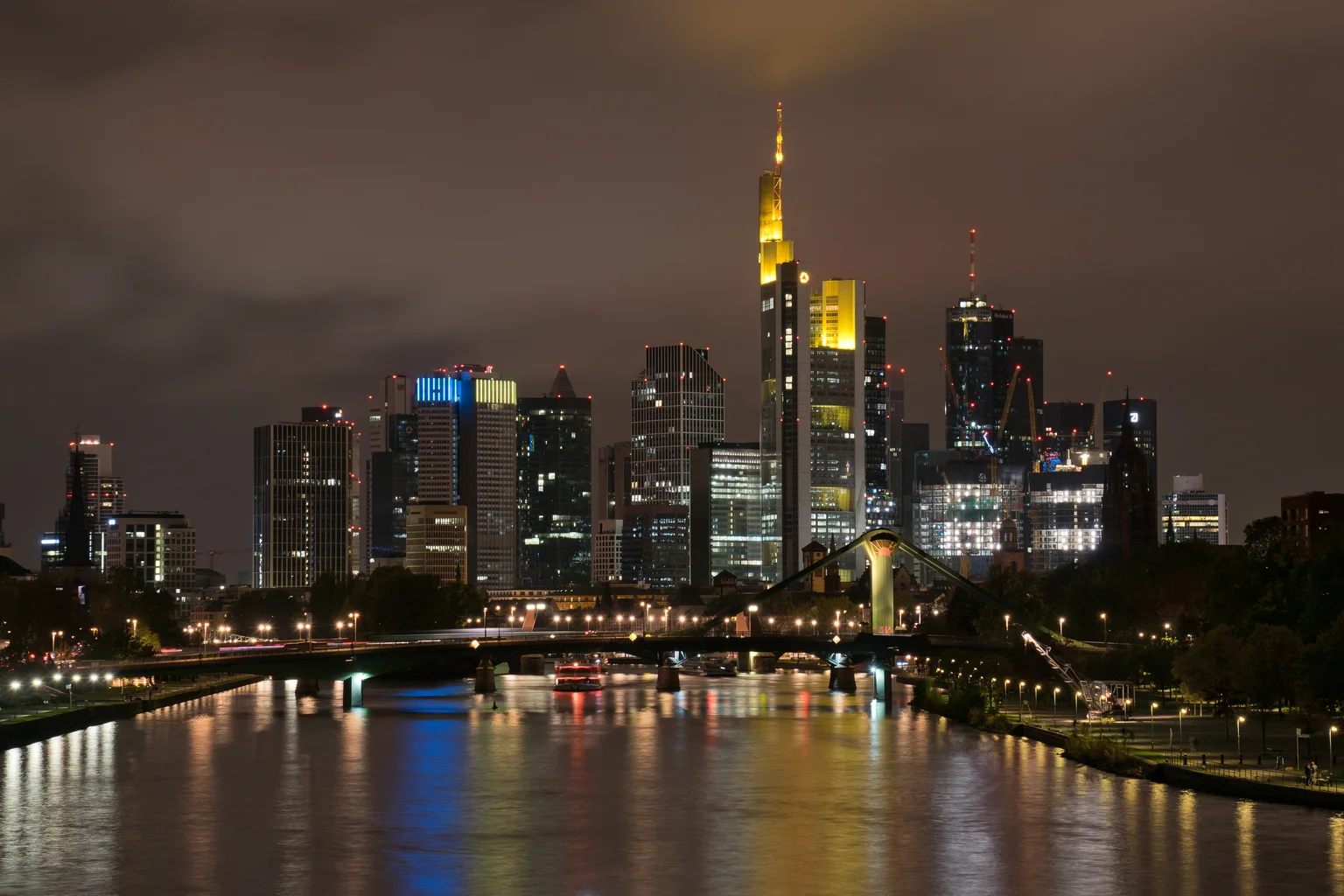 Frankfurt skyline illuminated at night